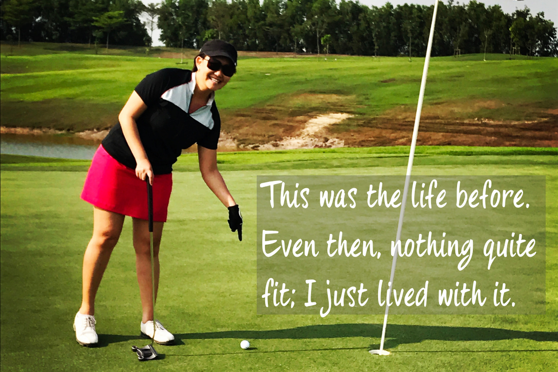 Fiona bent over on a golf course green, pointing at her ball beside the hole, from her competitive golf years, with the caption: ‘This was the life before. Even then, nothing quite fit. I just lived with it.